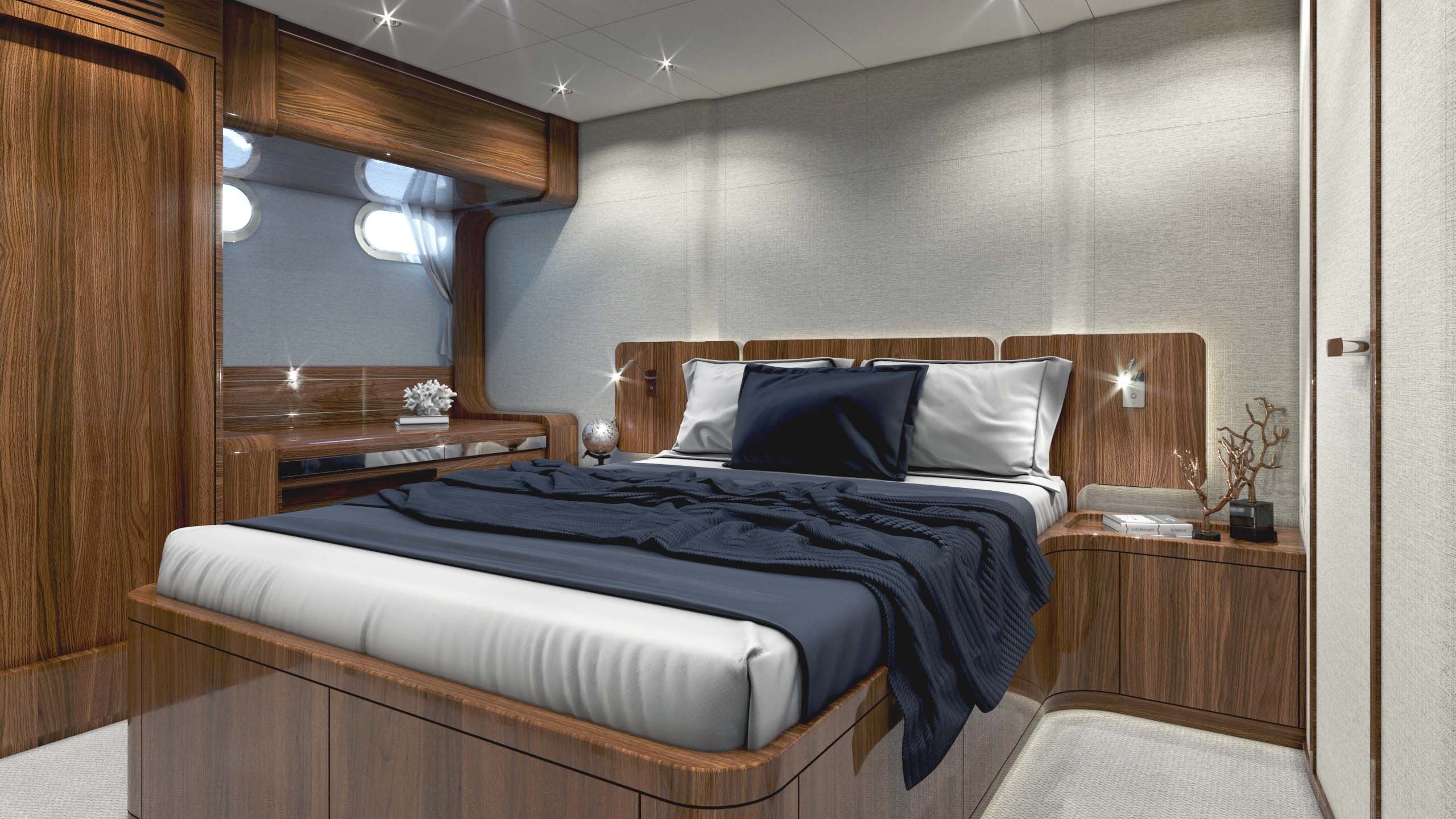 Classic motor yacht vip stateroom interior design by Suvorov Yacht Design