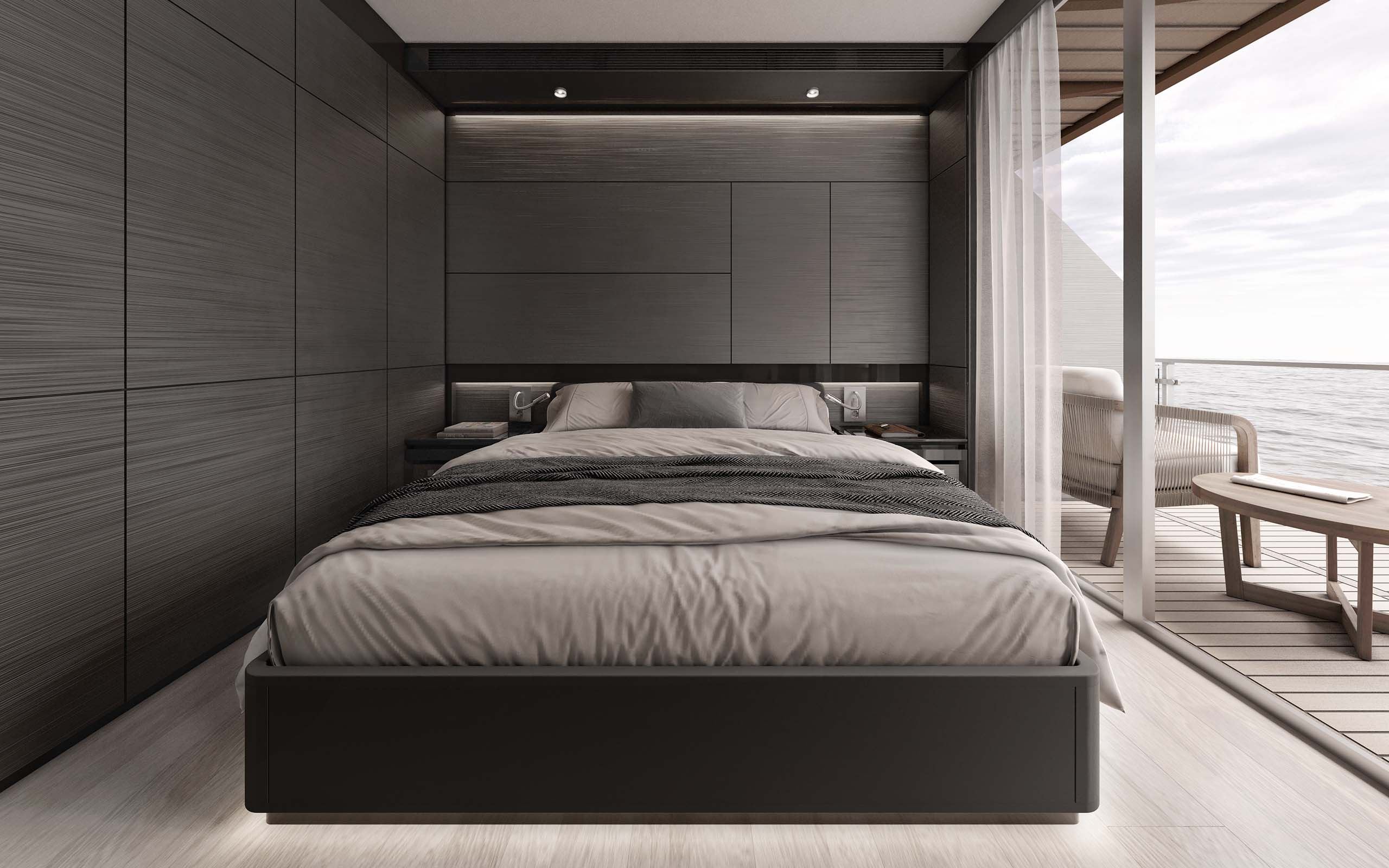catamaran interior design of master bedroom by Suvorov Yacht Design