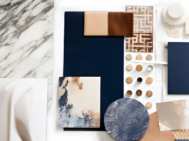 Material moodboard palette for Superyacht interior design by Suvorov Yacht Design