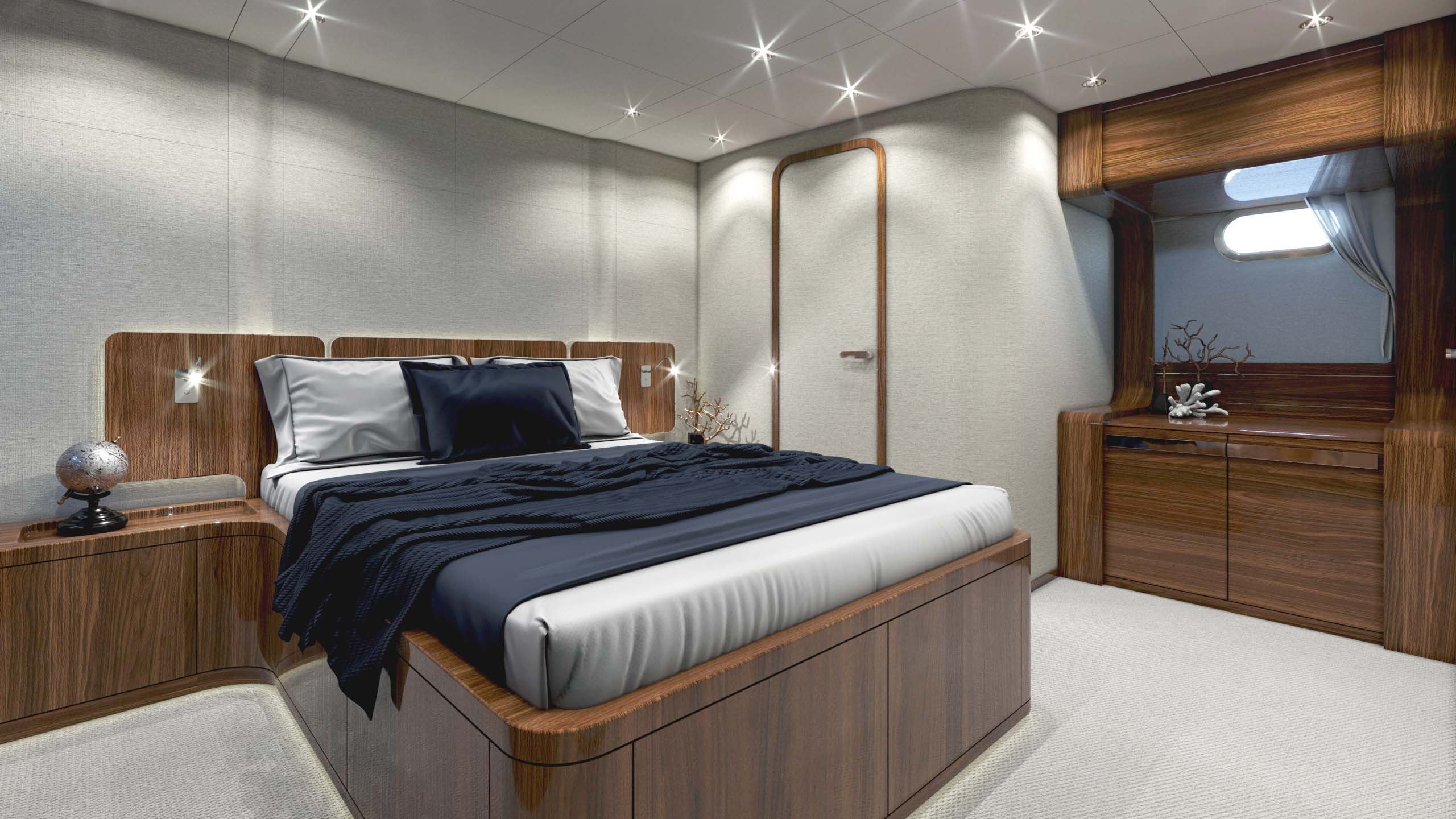 Classic motor yacht master bedroom interior design by Suvorov Yacht Design