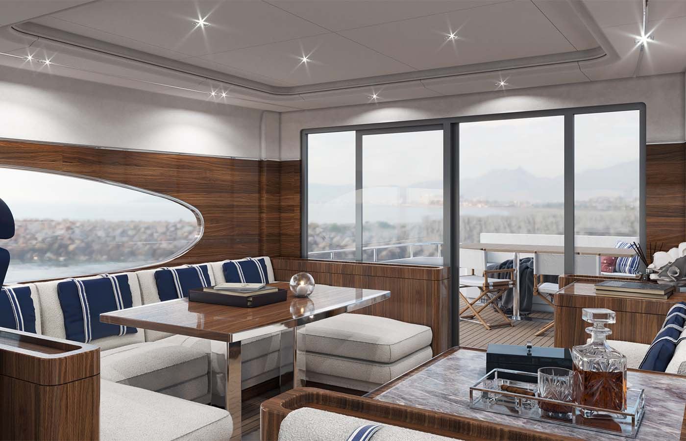 Classic motor yacht main salon interior design by Suvorov Yacht Design