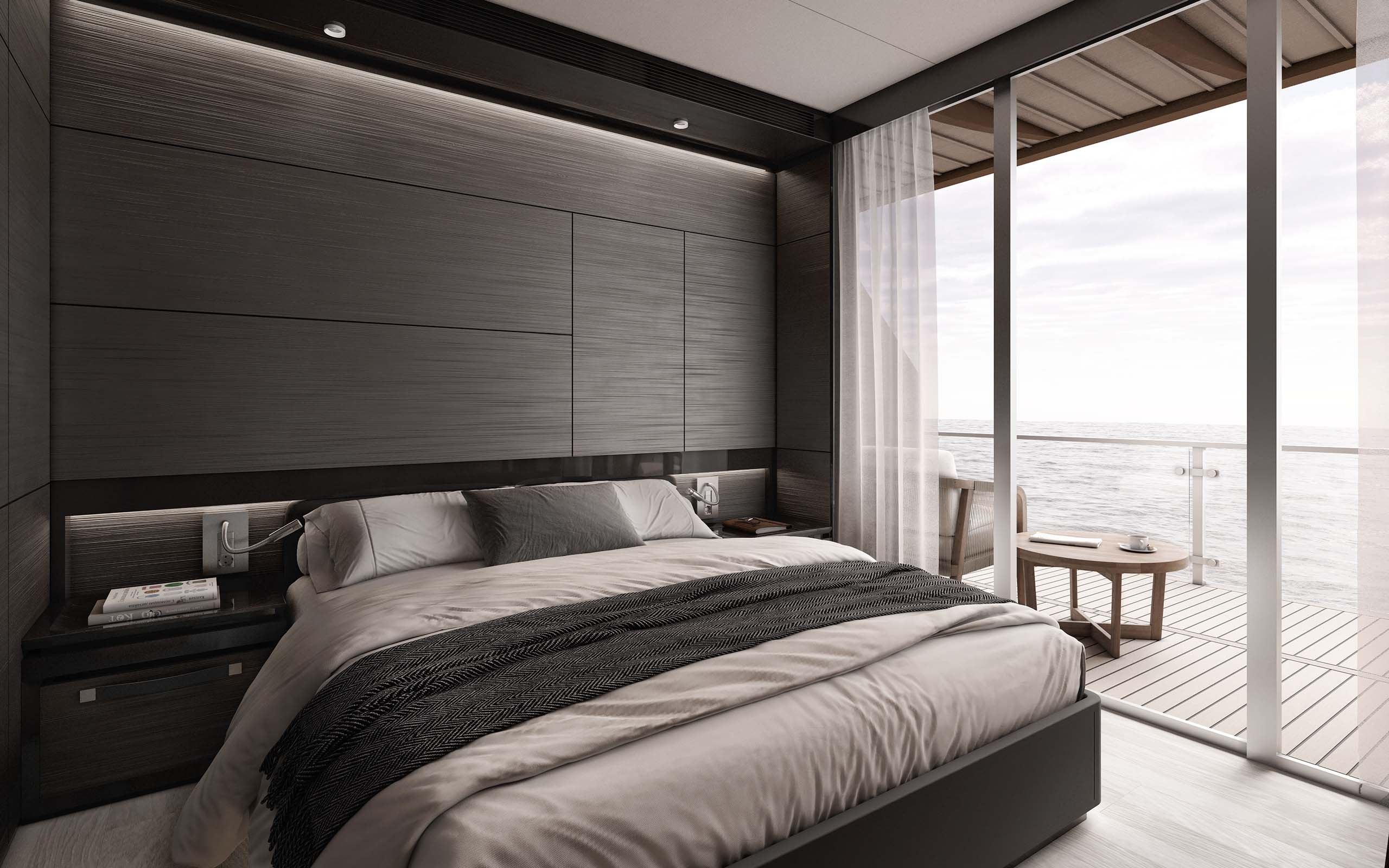 catamaran interior design of master bedroom by Suvorov Yacht Design