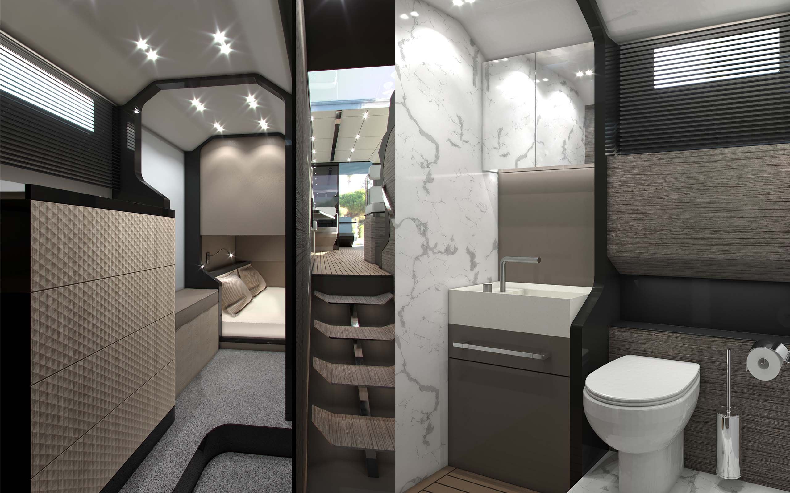Motor Yacht 40ft Bedroom bespoke yacht furniture and WC by Suvorov Yacht Design